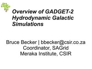 Overview of GADGET-2
Hydrodynamic Galactic
Simulations
Bruce Becker | bbecker@csir.co.za
Coordinator, SAGrid
Meraka Institute, CSIR
 
