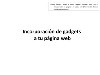 Incorporación de gadgets  a tu página web Castillo Navarro, Adolfo y Edgar Oswaldo González Bello. (2011).  Incorporación de gadgets a tu página web  [Presentación]. México: Universidad de Sonora. 
