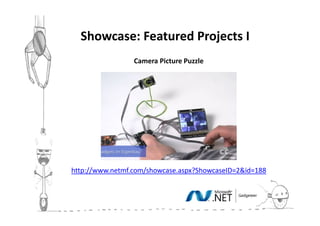 Showcase: Featured Projects III
                 Camera Picture Puzzle




http://www.netmf.com/showcase.aspx?ShowcaseID=2&id=188
 