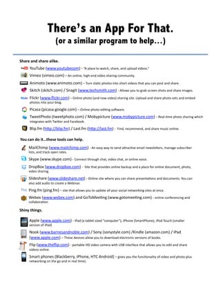 There’s an App For That.
                                      (or a similar program to help…)

Share	
  and	
  share	
  alike.	
  	
  
         YouTube	
  (www.youtubecom)	
  -­‐	
  “A	
  place	
  to	
  watch,	
  share,	
  and	
  upload	
  videos.”	
  
         Vimeo	
  (vimeo.com)	
  –	
  An	
  online,	
  high-­‐end	
  video	
  sharing	
  community.	
  
         Animoto	
  (www.animoto.com)	
  –	
  Turn	
  sta?c	
  photos	
  into	
  short	
  videos	
  that	
  you	
  can	
  post	
  and	
  share.	
  
         Skitch	
  (skitch.com)	
  /	
  Snagit	
  (www.techsmith.com)	
  -­‐	
  Allows	
  you	
  to	
  grab	
  screen	
  shots	
  and	
  share	
  images.	
  
         Flickr	
  (www.ﬂickr.com)	
  -­‐	
  Online	
  photo	
  (and	
  now	
  video)	
  sharing	
  site.	
  Upload	
  and	
  share	
  photo	
  sets	
  and	
  embed	
  
         photos	
  into	
  your	
  blog.	
  

         Picasa	
  (picasa.google.com)	
  –	
  Online	
  photo	
  edi?ng	
  soeware.	
  
         TweetPhoto	
  (tweetphoto.com)	
  /	
  Mobypicture	
  (www.mobypicture.com)	
  -­‐	
  Real-­‐?me	
  photo	
  sharing	
  which	
  
         integrates	
  with	
  TwiDer	
  and	
  Facebook.	
  

         Blip.fm	
  (hDp://blip.fm)	
  /	
  Last.fm	
  (hDp://last.fm)	
  -­‐	
  	
  Find,	
  recommend,	
  and	
  share	
  music	
  online.	
  

You	
  can	
  do	
  it…these	
  tools	
  can	
  help.	
  
        MailChimp	
  (www.mailchimp.com)	
  -­‐	
  An	
  easy	
  way	
  to	
  send	
  aDrac?ve	
  email	
  newsleDers,	
  manage	
  subscriber	
  
        lists,	
  and	
  track	
  open	
  rates.	
  

        Skype	
  (www.skype.com)	
  -­‐	
  Connect	
  through	
  chat,	
  video	
  chat,	
  or	
  online	
  voice.	
  
        DropBox	
  (www.dropbox.com)	
  -­‐	
  	
  Site	
  that	
  provides	
  online	
  backup	
  and	
  a	
  place	
  for	
  online	
  document,	
  photo,	
  
        video	
  sharing.	
  
        Slideshare	
  (www.slideshare.net)	
  -­‐	
  Online	
  site	
  where	
  you	
  can	
  share	
  presenta?ons	
  and	
  documents.	
  You	
  can	
  
        also	
  add	
  audio	
  to	
  create	
  a	
  Webinar.	
  
        Ping.fm	
  (ping.fm)	
  –	
  site	
  that	
  allows	
  you	
  to	
  update	
  all	
  your	
  social	
  networking	
  sites	
  at	
  once.	
  
        Webex	
  (www.webex.com)	
  and	
  GoToMee?ng	
  (www.gotomee?ng.com)	
  -­‐	
  online	
  conferencing	
  and	
  
        collabora?on	
  

Shiny	
  things.	
  

         Apple	
  (www.apple.com)	
  -­‐	
  iPad	
  (a	
  tablet	
  sized	
  “computer”),	
  iPhone	
  (SmartPhone),	
  iPod	
  Touch	
  (smaller	
  
         version	
  of	
  iPad)	
  

         Nook	
  (www.barnesandnoble.com)	
  /	
  Sony	
  (sonystyle.com)	
  /Kindle	
  (amazon.com)	
  /	
  iPad	
  
         (www.apple.com)	
  –	
  These	
  devices	
  allow	
  you	
  to	
  download	
  electronic	
  versions	
  of	
  books.	
  
         Flip	
  (www.theﬂip.com)	
  -­‐	
  portable	
  HD	
  video	
  camera	
  with	
  USB	
  interface	
  that	
  allows	
  you	
  to	
  edit	
  and	
  share	
  
         videos	
  online.	
  

         Smart	
  phones	
  (Blackberry,	
  iPhone,	
  HTC	
  Android)	
  –	
  gives	
  you	
  the	
  func?onality	
  of	
  video	
  and	
  photo	
  plus	
  
         networking	
  on	
  the	
  go	
  and	
  in	
  real	
  ?me).	
  
 