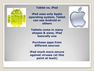 Tablet vs. iPad

  iPad uses only Apple
operating system, Tablet
   can use Android or
         others

 Tablets come in many
  shapes & sizes, iPad
     basically one

  Purchase apps from
   different sources

iPad much more secure
against viruses (at this
    point at least)
 