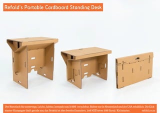 Refold's Portable Cardboard Standing Desk 
Der Bürotisch für unterwegs. Leicht, faltbar, kompakt und 100% recyclebar. Bisher nur in Neuseeland und der USA erhältlich. Die Kick-starter- 
Kampagne läuft gerade aus; das Projekt ist aber bereits finanziert. 160 NZD (etwa 100 Euro) / Kickstarter. refold.co.nz 
 