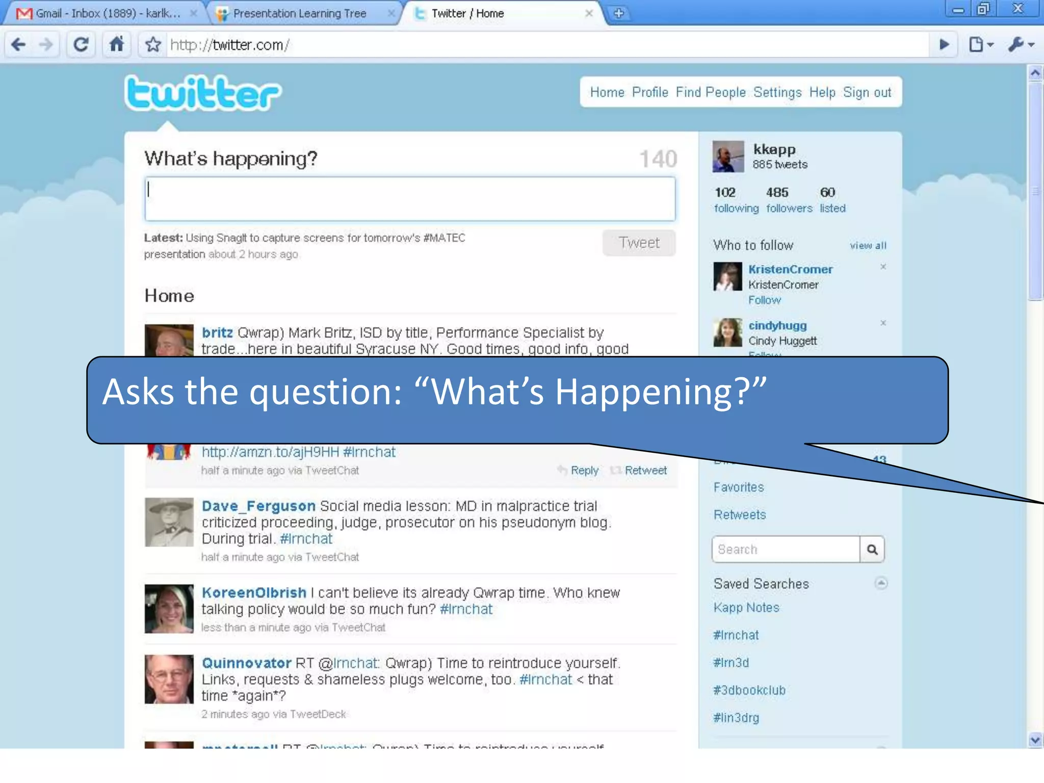 Asks the question: “What’s Happening?”
 