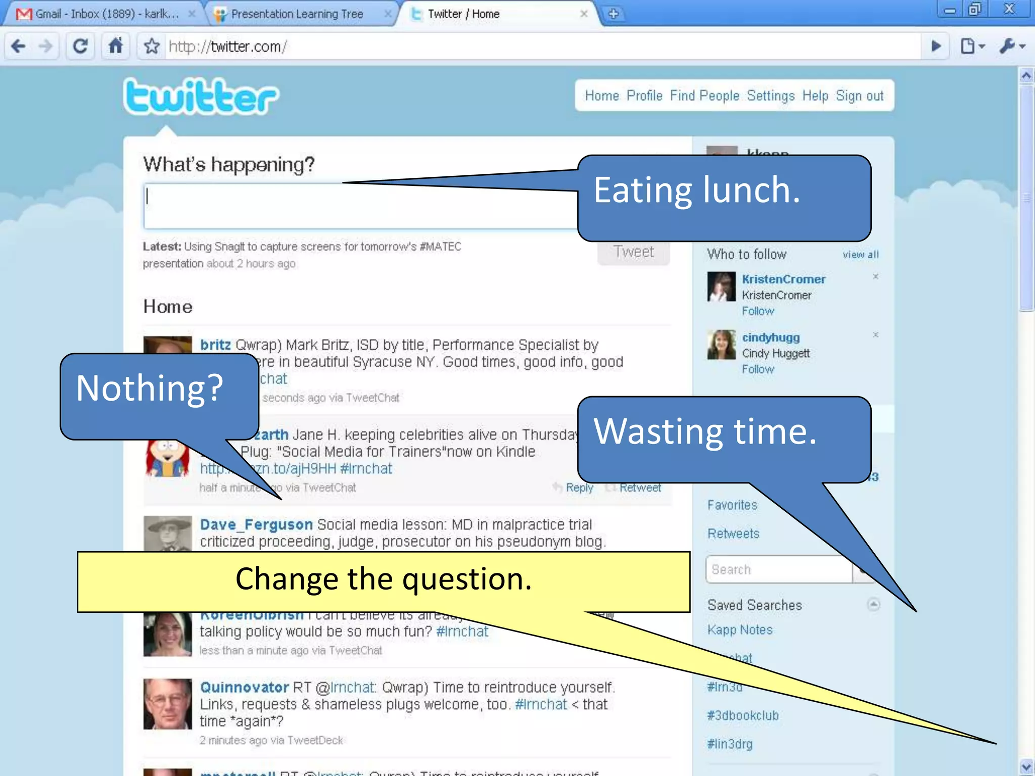 Eating lunch.



Nothing?
                                  Wasting time.


           Change the question.
 