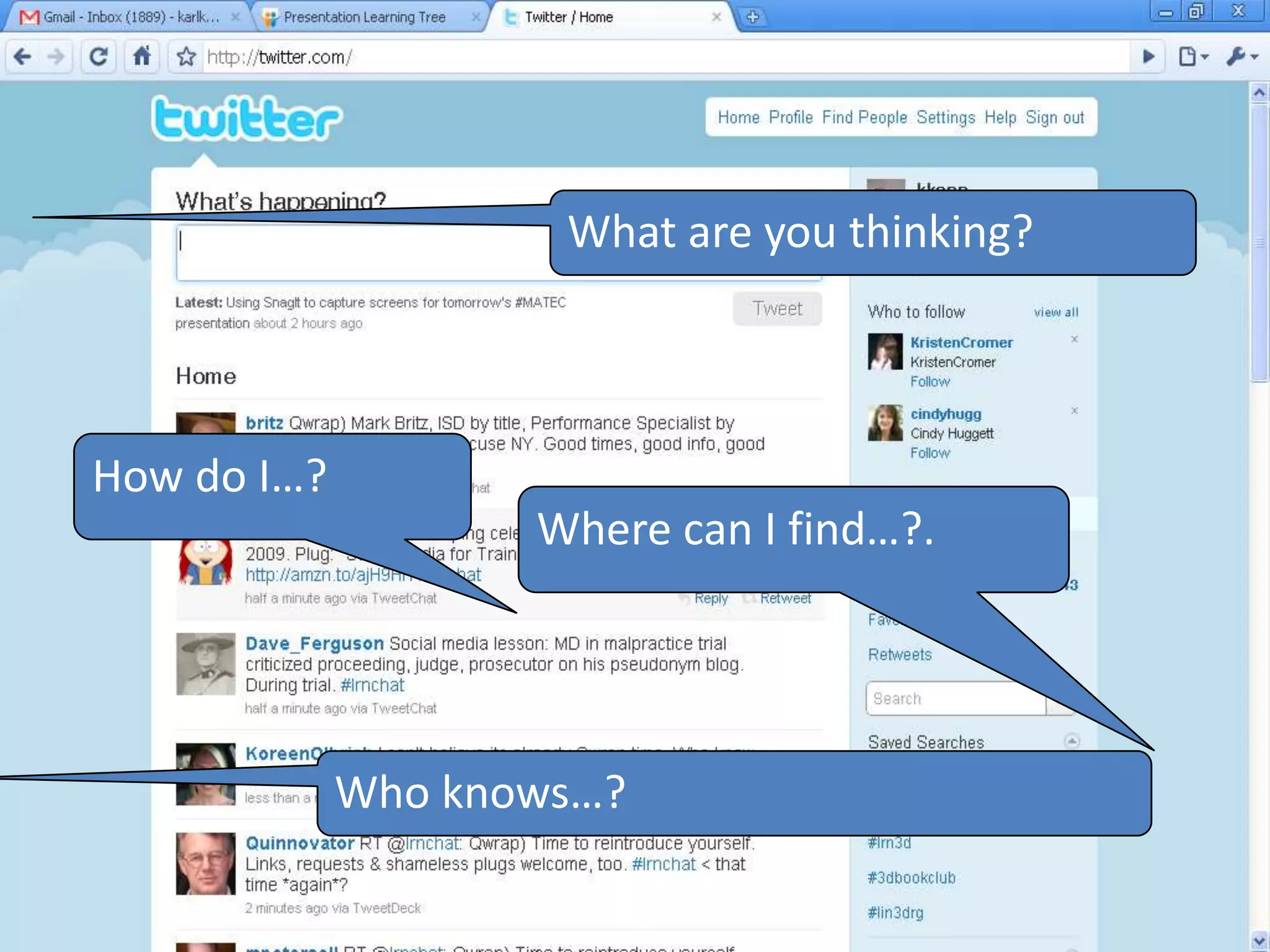 What are you thinking?



How do I…?
                    Where can I find…?.




             Who knows…?
 