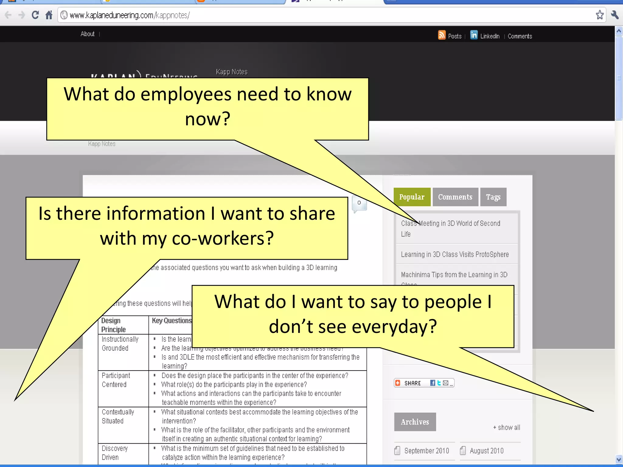 What do employees need to know
               now?



Is there information I want to share
        with my co-workers?


                     What do I want to say to people I
                          don’t see everyday?
 