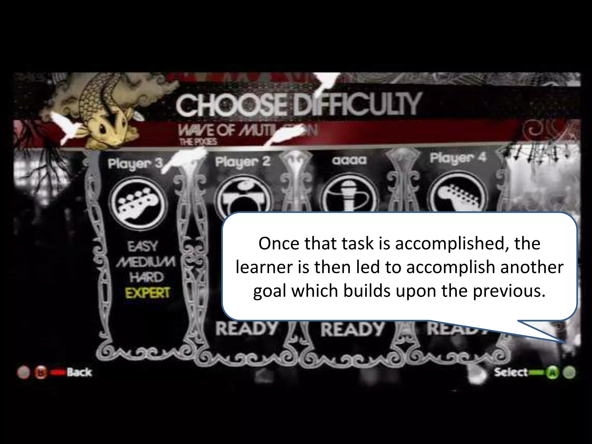 Once that task is accomplished, the
learner is then led to accomplish another
  goal which builds upon the previous.
 
