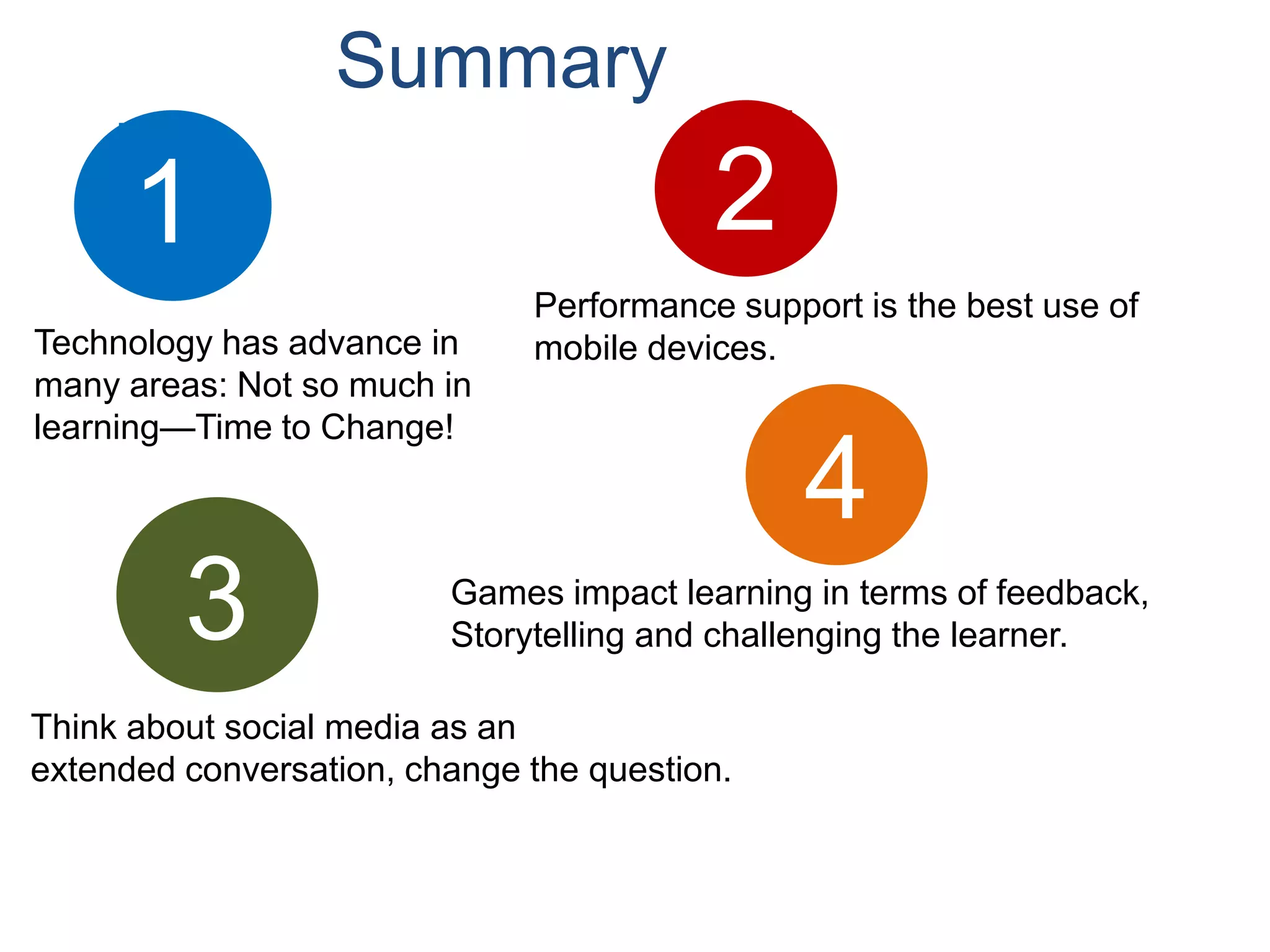 Summary
      1                                  2
                              Performance support is the best use of
Technology has advance in     mobile devices.
many areas: Not so much in
learning—Time to Change!

                                               4
         3               Games impact learning in terms of feedback,
                         Storytelling and challenging the learner.

Think about social media as an
extended conversation, change the question.
 