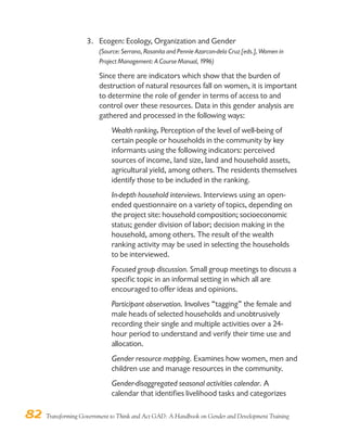 82 Transforming Government to Think and Act GAD: A Handbook on Gender and Development Training
3. Ecogen: Ecology, Organization and Gender
(Source: Serrano, Rosanita and Pennie Azarcon-dela Cruz [eds.], Women in
Project Management: A Course Manual, 1996)
Since there are indicators which show that the burden of
destruction of natural resources fall on women, it is important
to determine the role of gender in terms of access to and
control over these resources. Data in this gender analysis are
gathered and processed in the following ways:
Wealth ranking. Perception of the level of well-being of
certain people or households in the community by key
informants using the following indicators: perceived
sources of income, land size, land and household assets,
agricultural yield, among others. The residents themselves
identify those to be included in the ranking.
In-depth household interviews. Interviews using an open-
ended questionnaire on a variety of topics, depending on
the project site: household composition; socioeconomic
status; gender division of labor; decision making in the
household, among others. The result of the wealth
ranking activity may be used in selecting the households
to be interviewed.
Focused group discussion. Small group meetings to discuss a
specific topic in an informal setting in which all are
encouraged to offer ideas and opinions.
Participant observation. Involves “tagging” the female and
male heads of selected households and unobtrusively
recording their single and multiple activities over a 24-
hour period to understand and verify their time use and
allocation.
Gender resource mapping. Examines how women, men and
children use and manage resources in the community.
Gender-disaggregated seasonal activities calendar. A
calendar that identifies livelihood tasks and categorizes
 
