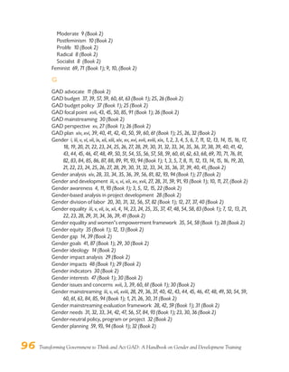 96 Transforming Government to Think and Act GAD: A Handbook on Gender and Development Training
Moderate 9 (Book 2)
Postfeminism 10 (Book 2)
Prolife 10 (Book 2)
Radical 8 (Book 2)
Socialist 8 (Book 2)
Feminist 69, 71 (Book 1); 9, 10, (Book 2)
G
GAD advocate 11 (Book 2)
GAD budget 37, 39, 57, 59, 60, 61, 63 (Book 1); 25, 26 (Book 2)
GAD budget policy 37 (Book 1); 25 (Book 2)
GAD focal point xvii, 43, 45, 50, 85, 91 (Book 1); 26 (Book 2)
GAD mainstreaming 30 (Book 2)
GAD perspective xv, 27 (Book 1); 26 (Book 2)
GAD plan xiv, xvi, 39, 40, 41, 42, 43, 50, 59, 60, 61 (Book 1); 25, 26, 32 (Book 2)
Gender i, iii, v, vi, vii, ix, xii, xiii, xiv, xv, xvi, xvii, xviii, xix, 1, 2, 3, 4, 5, 6, 7, 11, 12, 13, 14, 15, 16, 17,
18, 19, 20, 21, 22, 23, 24, 25, 26, 27, 28, 29, 30, 31, 32, 33, 34, 35, 36, 37, 38, 39, 40, 41, 42,
43, 44, 45, 46, 47, 48, 49, 50, 51, 54, 55, 56, 57, 58, 59, 60, 61, 62, 63, 68, 69, 70, 71, 76, 81,
82, 83, 84, 85, 86, 87, 88, 89, 91, 93, 94 (Book 1); 1, 3, 5, 7, 8, 11, 12, 13, 14, 15, 16, 19, 20,
21, 22, 23, 24, 25, 26, 27, 28, 29, 30, 31, 32, 33, 34, 35, 36, 37, 39, 40, 41, (Book 2)
Gender analysis xiv, 28, 33, 34, 35, 36, 39, 56, 81, 82, 93, 94 (Book 1); 27 (Book 2)
Gender and development iii, v, vi, xii, xv, xvii, 27, 28, 31, 59, 91, 93 (Book 1); 10, 11, 27, (Book 2)
Gender awareness 4, 11, 93 (Book 1); 3, 5, 12, 15, 22 (Book 2)
Gender-based analysis in project development 28 (Book 2)
Gender division of labor 20, 30, 31, 32, 56, 57, 82 (Book 1); 12, 27, 37, 40 (Book 2)
Gender equality iii, v, vii, ix, xii, 4, 14, 23, 24, 25, 35, 37, 47, 48, 54, 58, 83 (Book 1); 7, 12, 13, 21,
22, 23, 28, 29, 31, 34, 36, 39, 41 (Book 2)
Gender equality and women’s empowerment framework 35, 54, 58 (Book 1); 28 (Book 2)
Gender equity 35 (Book 1); 12, 13 (Book 2)
Gender gap 14, 39 (Book 2)
Gender goals 41, 87 (Book 1); 29, 30 (Book 2)
Gender ideology 14 (Book 2)
Gender impact analysis 29 (Book 2)
Gender impacts 48 (Book 1); 29 (Book 2)
Gender indicators 30 (Book 2)
Gender interests 47 (Book 1); 30 (Book 2)
Gender issues and concerns xvii, 3, 39, 60, 61 (Book 1); 30 (Book 2)
Gender mainstreaming iii, v, vii, xviii, 28, 29, 36, 37, 40, 42, 43, 44, 45, 46, 47, 48, 49, 50, 54, 59,
60, 61, 63, 84, 85, 94 (Book 1); 1, 21, 26, 30, 31 (Book 2)
Gender mainstreaming evaluation framework 28, 42, 59 (Book 1); 31 (Book 2)
Gender needs 31, 32, 33, 34, 42, 47, 56, 57, 84, 93 (Book 1); 23, 30, 36 (Book 2)
Gender-neutral policy, program or project 32 (Book 2)
Gender planning 59, 93, 94 (Book 1); 32 (Book 2)
 