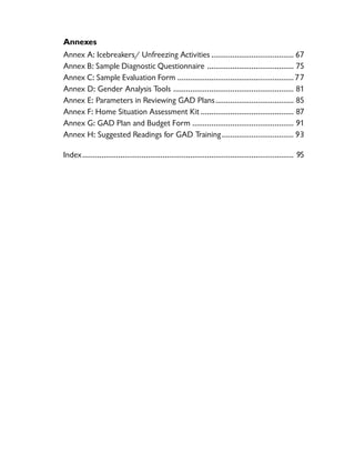 Annexes
Annex A: Icebreakers/ Unfreezing Activities ....................................... 67
Annex B: Sample Diagnostic Questionnaire ......................................... 75
Annex C: Sample Evaluation Form .......................................................77
Annex D: Gender Analysis Tools ......................................................... 81
Annex E: Parameters in Reviewing GAD Plans..................................... 85
Annex F: Home Situation Assessment Kit ............................................ 87
Annex G: GAD Plan and Budget Form ................................................ 91
Annex H: Suggested Readings for GAD Training.................................. 93
Index.................................................................................................... 95
 