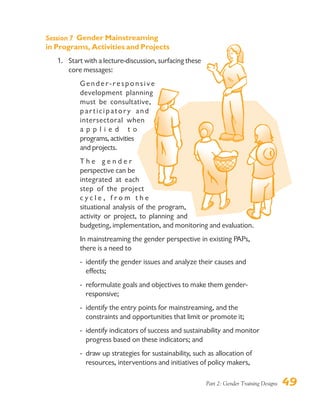 Part 2: Gender Training Designs 49
Session 7 Gender Mainstreaming
in Programs, Activities and Projects
1. Start with a lecture-discussion, surfacing these
core messages:
G e n d e r - r e s p o n s i v e
development planning
must be consultative,
participatory and
intersectoral when
a p p l i e d t o
programs, activities
and projects.
T h e g e n d e r
perspective can be
integrated at each
step of the project
c y c l e , f r o m t h e
situational analysis of the program,
activity or project, to planning and
budgeting, implementation, and monitoring and evaluation.
In mainstreaming the gender perspective in existing PAPs,
there is a need to
- identify the gender issues and analyze their causes and
effects;
- reformulate goals and objectives to make them gender-
responsive;
- identify the entry points for mainstreaming, and the
constraints and opportunities that limit or promote it;
- identify indicators of success and sustainability and monitor
progress based on these indicators; and
- draw up strategies for sustainability, such as allocation of
resources, interventions and initiatives of policy makers,
 