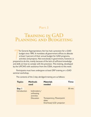 Part 3
Training in GAD
Planning and Budgeting
T
he General Appropriations Act has had a provision for a GAD
budget since 1995. It mandates all government offices to allocate
at least 5 percent of their annual budget for GAD programs,
activities and projects. Not everybody in government, however, is
prepared to do this, mainly because of the lack of sufficient knowledge
and skills on how to comply with the provision. This training, developed
by the UPCWS with assistance from the CIDA, responds to this need.
Participants must have undergone at least GRP training or a GAD
seminar-workshop.
The contents of the 2-day abridged training are as follows:
Topics Methods
used
Materials
needed
Time
Icebreakers/
unfreezing
activities
Discussion Transparency/Powerpoint
slides
Overhead/LCD projector
30 min.Day 1
Introduction
 