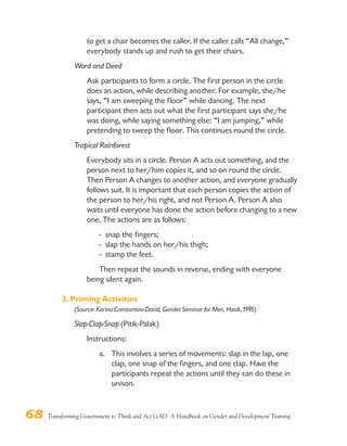 68 Transforming Government to Think and Act GAD: A Handbook on Gender and Development Training
to get a chair becomes the caller. If the caller calls “All change,”
everybody stands up and rush to get their chairs.
Word and Deed
Ask participants to form a circle. The first person in the circle
does an action, while describing another. For example, she/he
says, “I am sweeping the floor” while dancing. The next
participant then acts out what the first participant says she/he
was doing, while saying something else: “I am jumping,” while
pretending to sweep the floor. This continues round the circle.
Tropical Rainforest
Everybody sits in a circle. Person A acts out something, and the
person next to her/him copies it, and so on round the circle.
Then Person A changes to another action, and everyone gradually
follows suit. It is important that each person copies the action of
the person to her/his right, and not Person A. Person A also
waits until everyone has done the action before changing to a new
one. The actions are as follows:
- snap the fingers;
- slap the hands on her/his thigh;
- stamp the feet.
Then repeat the sounds in reverse, ending with everyone
being silent again.
3. Priming Activities
(Source: Karina Constantino-David, Gender Seminar for Men, Hasik,1995)
Slap-Clap-Snap (Pitik-Palak)
Instructions:
a. This involves a series of movements: slap in the lap, one
clap, one snap of the fingers, and one clap. Have the
participants repeat the actions until they can do these in
unison.
 