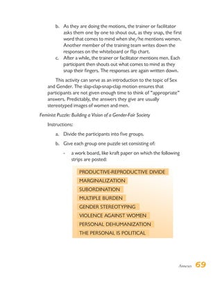 Annexes 69
b. As they are doing the motions, the trainer or facilitator
asks them one by one to shout out, as they snap, the first
word that comes to mind when she/he mentions women.
Another member of the training team writes down the
responses on the whiteboard or flip chart.
c. After a while, the trainer or facilitator mentions men. Each
participant then shouts out what comes to mind as they
snap their fingers. The responses are again written down.
This activity can serve as an introduction to the topic of Sex
and Gender. The slap-clap-snap-clap motion ensures that
participants are not given enough time to think of “appropriate”
answers. Predictably, the answers they give are usually
stereotyped images of women and men.
Feminist Puzzle: Building a Vision of a Gender-Fair Society
Instructions:
a. Divide the participants into five groups.
b. Give each group one puzzle set consisting of:
- a work board, like kraft paper on which the following
strips are posted:
PRODUCTIVE-REPRODUCTIVE DIVIDE
MARGINALIZATION
SUBORDINATION
MULTIPLE BURDEN
GENDER STEREOTYPING
VIOLENCE AGAINST WOMEN
PERSONAL DEHUMANIZATION
THE PERSONAL IS POLITICAL
 