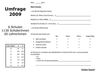 Umfrage
2009
6 Schulen
1130 SchülerInnen
20 LehrerInnen
 