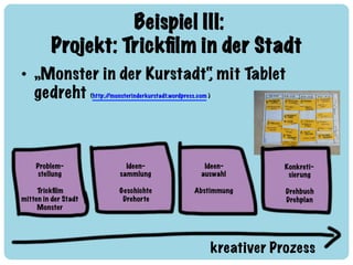 Beispiel III: !
Projekt: Trickﬁlm in der Stadt
•  „Monster in der Kurstadt“, mit Tablet
gedreht (http://monsterinderkursta...