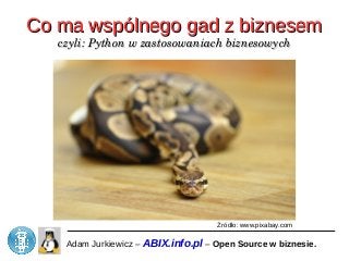 Co ma wspólnego gad z biznesemCo ma wspólnego gad z biznesem
czyli: Python w zastosowaniach biznesowychczyli: Python w zastosowaniach biznesowych
Adam Jurkiewicz – ABIX.info.pl – Open Source w biznesie.
Źródło: www.pixabay.com
 