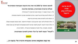 24
‫מרצה‬ ‫להיות‬
‫אורח‬
‫עמק‬ ‫במכללת‬
‫יזרעאל‬
‫על‬ ‫הסיפור‬ ‫לסיכום‬ZARA‫של‬ ‫הנוספים‬ ‫העקרונות‬ ‫ארבעת‬ ‫את‬ ‫מציג‬ ‫אני‬
‫אסטרטגית‬ ‫ארגונית‬ ‫פעילות‬,‫מורכבת‬ ‫במציאות‬:
(1.‫קשובה‬ ‫עשייה‬ ‫אי‬2.‫חשיבה‬ ‫סכמת‬β‫חשיבה‬"‫היערכותית‬)"
3.‫החיצונית‬ ‫בסביבה‬ ‫המתהווים‬ ‫שינויים‬ ‫ובדייקנות‬ ‫במהירות‬ ‫לזהות‬ ‫היכולת‬‫והפנימית‬.
4.‫ובדייקנות‬ ‫במהירות‬ ‫שזוהו‬ ‫לשינויים‬ ‫להגיב‬ ‫היכולת‬.
5.‫חדשנות‬ ‫המעודדת‬ ‫סביבה‬ ‫הארגון‬ ‫בתוך‬ ‫ליצור‬ ‫המנהלים‬ ‫יכולת‬,‫שקולה‬ ‫מקצועית‬ ‫ונועזות‬ ‫יזמות‬.
6.‫לבנות‬ ‫החברה‬ ‫יכולת‬,‫משמעותיות‬ ‫יחסים‬ ‫מערכות‬ ‫ולשמר‬ ‫להעמיק‬"(‫קשרים‬)"‫מפתח‬ ‫אנשי‬ ‫עם‬
(‫לקוחות‬,‫תקשורת‬,‫בקהילה‬ ‫משמעותיים‬ ‫תפקידים‬ ‫בעלי‬,‫וכו‬ ‫רגולטורים‬’.)
‫ו‬"‫לקינוח‬"‫אסטרטגית‬ ‫לחשיבה‬ ‫הוותיק‬ ‫הכלי‬ ‫על‬ ‫לוותר‬ ‫הצעתי‬:
S.W.O.T
‫רב‬ ‫בכעס‬ ‫אלי‬ ‫ודברה‬ ‫מכובדת‬ ‫מרצה‬ ‫ממקומה‬ ‫קמה‬ ‫ואז‬...
 