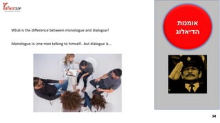 34
‫אומנות‬
‫הדיאלוג‬What is the difference between monologue and dialogue?
Monologue is: one man talking to himself…but dialogue is…
 