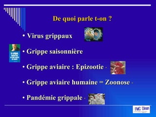 De quoi parle t-on ?   Virus grippaux Grippe saisonnière Grippe aviaire : Epizootie  * Grippe aviaire humaine = Zoonose  * Pandémie grippale  * 