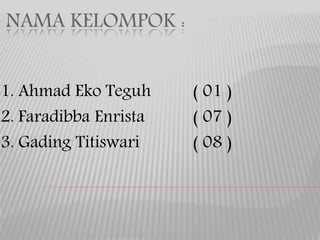 NAMA KELOMPOK :
1. Ahmad Eko Teguh ( 01 )
2. Faradibba Enrista ( 07 )
3. Gading Titiswari ( 08 )
 