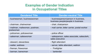 Gendered Title Gender-neutral Title
- businessman, businesswoman - businessperson/person in business,
business people/people in business
- chairman, chairwoman - chair, chairperson
- mailman, mailwoman, postman,
postwoman
- mail carrier, letter carrier, postal worker
- policeman, policewoman - police officer
- salesman, saleswoman - salesperson, sales associate, salesclerk,
sales executive
- steward, stewardess - flight attendant
- waiter, waitress - server, table attendant, waitron
- fireman, firewoman - Firefighter
- barman, barwoman - bartender
 