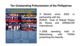 Ten Outstanding Policewomen of the Philippines
 Started since 2002 in
partnership with the
ZONTA Club of Makati Paseo
de Roxas and ARMSCOR
International.
 2008 awarding held in
Malacañang with PGMA
presenting the Awards.
TOPWP 2002
PSSUPT ANGELES Z ABINOJA
PCINSP ELEANOR V LAMPA
PCINSP ADELENE M FLORENDO
PCINSP SALOME R JOSE
PCINSP FELICIDAD R GIDO
PSINSP MARILYN B SAMARITA
PSINSP JEAN S FAJARDO
PINSP CHRISTINE S TAN
PO2 MARIA LUISA J PEDROZA
PO2 JOANNE B TORREFRANCA
TOPWP 2003
PSUPT JUANITA S NEBRAN
PSINSP CARMENCITA C SALIBA
PSINSP CRISTINA B NOBLEZA
PSINSP ALETA F ASTRONOMO
SPO2 SESIMA V SISMA
PO2 TEJANNE Z ZARZOSO
P02 ANNIE MARIE A ANUARY
P02 EMILY M TECON
PO2 MARICON U LABSANG
PO2 ANA M PARAL
TOPWP 2004
PSUPT FE P QUIBOL
PSINSP NORMA B FUNDAR
PSINSP ROYINA M GARMA
PSINSP JEANURADA J MACARIO
PINSP VIRGINIA P TEJUCO
PINSP CORAZON P VERGARA
PINSP KIMBERLY E MOLITAS
P02 MA CECINIA B RAGAY
PO2 LIZA JANE C ALTEZA
PO1 ANNALIZA R REYES
TOPWP 2005
PSUPT FE P QUIBOL
PCINSP SOTERA P MACATANGAY
PSINSP MARILOU G ABOLOC
PSINSP LINA L AVELINO
PINSP JOY E TOMBOC
PINSP RHEA E SANTOS
SPO2 ERMA B JABAL
PO3 FE S POLAS
PO3 MAYLA PERLA G GAVINA
PO2 YOLANDA A MABERIT
TOPWP 2006
PSUPT EVANGELINE L CANDIA PSINSP MA CECILIA R DETABLAN
PSUPT LILIAN P CASTILLO PSINSP FLOR E MIRASOL
PCINSP EMMA I GALERO PSINSP JHOANNA P ROSALES
PSINSP ANITA L ARAULLO PSINSP RUBENIE B GRANDEZA
PSINSP MA IVY P CASTILLO PO3 ROSALIE G AGLANANG
TOPWP 2002 TOPWP 2003
TOPWP 2004 TOPWP 2005
 