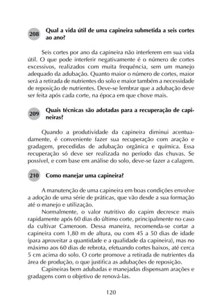 120
208	
Qual a vida útil de uma capineira submetida a seis cortes
ao ano?
Seis cortes por ano da capineira não interferem em sua vida
útil. O que pode interferir negativamente é o número de cortes
excessivos, realizados com muita frequência, sem um manejo
adequado da adubação. Quanto maior o número de cortes, maior
será a retirada de nutrientes do solo e maior também a necessidade
de reposição de nutrientes. Deve-se lembrar que a adubação deve
ser feita após cada corte, na época em que chove mais.
209	
Quais técnicas são adotadas para a recuperação de capi­
neiras?
Quando a produtividade da capineira diminui acentua­
damente, é conveniente fazer sua recuperação com aração e
gradagem, precedidas de adubação orgânica e química. Essa
recuperação só deve ser realizada no período das chuvas. Se
possível, e com base em análise do solo, deve-se fazer a calagem.
210	 Como manejar uma capineira?
A manutenção de uma capineira em boas condições envolve
a adoção de uma série de práticas, que vão desde a sua formação
até o manejo e utilização.
Normalmente, o valor nutritivo do capim decresce mais
rapidamente após 60 dias do último corte, principalmente no caso
da cultivar Cameroon. Dessa maneira, recomenda-se cortar a
capineira com 1,80 m de altura, ou com 45 a 50 dias de idade
(para aproveitar a quantidade e a qualidade da capineira), mas no
máximo aos 60 dias de rebrota, efetuando cortes baixos, até cerca
5 cm acima do solo. O corte promove a retirada de nutrientes da
área de produção, o que justifica as adubações de reposição.
Capineiras bem adubadas e manejadas dispensam arações e
gradagens com o objetivo de renová-las.
 