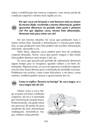 165
reduz a mobilização das reservas corporais, com menor perda de
condição corporal e retorno mais rápido ao cio.
295	
Por que vacas em lactação e com bezerros mais ou menos
da mesma idade, recebendo a mesma alimentação, podem
apresentar diferenças no período entre parto e primeiro
cio? Por que algumas vacas, mesmo bem alimentadas,
demoram mais para entrar em cio?
Em um mesmo rebanho, há vacas que produzem mais e
outras menos leite. Quando a alimentação é a mesma para todas
elas, as que produzem mais leite podem não receber alimentação
suficiente, atrasando o cio.
Além disso, algumas vacas podem parir fora da condição
corporal desejada. Assim, vacas que parem magras e dão muito
leite podem demorar mais tempo a dar cio.
As vacas que passam por período de subnutrição demoram
algum tempo para se recuperar, quando voltam a ser bem ali­
mentadas. Algumas vezes, as vacas recuperam a condição corporal,
mas há uma maior demora para a retomada da atividade ovariana.
Problemas nos ovários, como cistos foliculares, e no útero, como
metrites, também podem atrasar o aparecimento do cio.
296	
Como se explica “bezerro na barriga” de vaca magra, se a
vaca magra não dá cio?
Muitas vezes a vaca che-
ga ao parto em boas condições
corporais, dá cio e é enxertada
por inseminação ou pelo touro.
Posteriormente, ela pode entrar
em processo de perda de peso
resultante de uma alimentação
inadequada, tornando-se ma-
gra, embora esteja prenhe.
 