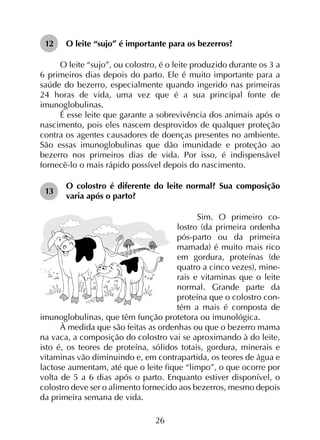 26
12	 O leite “sujo” é importante para os bezerros?
O leite “sujo”, ou colostro, é o leite produzido durante os 3 a
6 primeiros dias depois do parto. Ele é muito importante para a
saúde do bezerro, especialmente quando ingerido nas primeiras
24 horas de vida, uma vez que é a sua principal fonte de
imunoglobulinas.
É esse leite que garante a sobrevivência dos animais após o
nascimento, pois eles nascem desprovidos de qualquer proteção
contra os agentes causadores de doenças presentes no ambiente.
São essas imunoglobulinas que dão imunidade e proteção ao
bezerro nos primeiros dias de vida. Por isso, é indispensável
fornecê-lo o mais rápido possível depois do nascimento.
13	
O colostro é diferente do leite normal? Sua composição
varia após o parto?
Sim. O primeiro co­
lostro (da primeira ordenha
pós-parto ou da primeira
mamada) é muito mais rico
em gordura, proteínas (de
quatro a cinco vezes), mine­
rais e vitaminas que o leite
normal. Grande parte da
proteína que o colostro con­
tém a mais é composta de
imunoglobulinas, que têm função protetora ou imunológica.
À medida que são feitas as ordenhas ou que o bezerro mama
na vaca, a composição do colostro vai se aproximando à do leite,
isto é, os teores de proteína, sólidos totais, gordura, minerais e
vitaminas vão diminuindo e, em contrapartida, os teores de água e
lactose aumentam, até que o leite fique “limpo”, o que ocorre por
volta de 5 a 6 dias após o parto. Enquanto estiver disponível, o
colostro deve ser o alimento fornecido aos bezerros, mesmo depois
da primeira semana de vida.
 