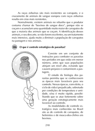 218
As raças zebuínas são mais resistentes ao carrapato, e o
cruzamento de animais de sangue europeu com raças zebuínas
resulta em crias mais resistentes.
Normalmente, existem animais no rebanho que o produtor
costuma chamar de “bovinos de sangue doce”, porque não se
coçam e acumulam uma quantidade muito maior de carrapatos do
que a maioria dos animais que se coçam. A identificação desses
animais, e seu descarte, se não forem excelentes, ou um tratamento
mais intensivo, ajuda muito a diminuir a população de carrapatos
na pastagem e nos animais.
386	 O que é controle estratégico de parasitas?
Consiste em um conjunto de
instruções para combater os parasitas
nos períodos em que estão em menor
número, antes que suas populações
atinjam um nível alto, evitando que
causem prejuízo e contaminem a pas­
tagem.
O estudo da biologia dos pa­
rasitas permitiu que se conhecessem
as épocas mais favoráveis para seu
controle. Nessas épocas, com efeito, o
ciclo de vida é prejudicado, sobretudo
por condições de temperatura e umi­
dade, e/ou é muito rápido, possibi­
litando que se atue fortemente sobre
uma geração estrategicamente mais
favorável ao controle.
As modalidades de controle es­
tratégico mais conhecidas no Brasil
são as de controle de carrapatos, de
helmintos e de mosca-dos-chifres em
bovinos.
 