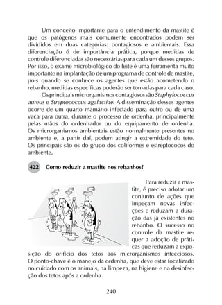 240
Um conceito importante para o entendimento da mastite é
que os patógenos mais comumente encontrados podem ser
divididos em duas categorias: contagiosos e ambientais. Essa
diferenciação é de importância prática, porque medidas de
controle diferenciadas são necessárias para cada um desses grupos.
Por isso, o exame microbiológico do leite é uma ferramenta muito
importante na implantação de um programa de controle de mastite,
pois quando se conhece os agentes que estão acometendo o
rebanho, medidas específicas poderão ser tomadas para cada caso.
OsprincipaismicrorganismoscontagiosossãoStaphylococcus
aureus e Streptococcus agalactiae. A disseminação desses agentes
ocorre de um quarto mamário infectado para outro ou de uma
vaca para outra, durante o processo de ordenha, principalmente
pelas mãos do ordenhador ou do equipamento de ordenha.
Os microrganismos ambientais estão normalmente presentes no
ambiente e, a partir daí, podem atingir a extremidade do teto.
Os principais são os do grupo dos coliformes e estreptococos do
ambiente.
422	 Como reduzir a mastite nos rebanhos?
Para reduzir a mas-
tite, é preciso adotar um
conjunto de ações que
impeçam novas infec-
ções e reduzam a dura-
ção das já existentes no
rebanho. O sucesso no
controle da mastite re-
quer a adoção de práti-
cas que reduzam a expo-
sição do orifício dos tetos aos microrganismos infecciosos.
O ponto-chave é o manejo da ordenha, que deve estar focalizado
no cuidado com os animais, na limpeza, na higiene e na desinfec-
ção dos tetos após a ordenha.
 