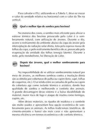 287
Para calcular o ITU, utilizando-se a Tabela 1, deve-se cruzar
o valor da umidade relativa na horizontal com o valor da Tbs na
vertical.
476	 Qual o melhor tipo de sombra para bovinos?
Na maioria dos casos, a sombra mais eficiente para aliviar o
estresse térmico dos bovinos provocado pelo calor é o som­
breamento natural, com utilização de árvores. Durante o dia,
ocorre o resfriamento do ambiente abaixo da copa da árvore pela
interceptação da radiação solar direta, feita pela espessa massa de
folhas da copa, e pelo resfriamento benéfico do ar, provocado pela
evaporação da umidade das folhas (energia latente). Durante a
noite, pelo metabolismo, há liberação de calor.
477	
Depois das árvores, qual o melhor sombreamento para
bovinos?
Na impossibilidade de se utilizar sombreamento natural por
meio de árvores, as melhores sombras contra a insolação direta
são as obtidas por coberturas de palha ou capim (feno, sapé, folhas
de coqueiros, etc.). O ar retido entre as camadas de palha ou capim
da cobertura age como isolante térmico e acústico, dando boa
qualidade de sombra e melhorando o conforto dos animais.
A grande desvantagem desse sistema é a baixa durabilidade do
material, maior risco de fogo e ataque de insetos como formigas,
cupins, etc.
Além desses materiais, os ripados de madeira e o sombrite
são muito usados e apresentam boa opção econômica de som­
breamento para os animais. As telhas tradicionais (metálicas, de
cimento-amianto e barro) são mais caras e não apresentam a
mesma eficiência em termos econômicos e de conforto térmico.
 