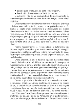 296
•	 Levado para esterqueira ou para compostagem.
•	 Distribuído diretamente nas áreas de cultura.
Usualmente, não se faz nenhum tipo de processamento ou
tratamento prévio do esterco antes de sua utilização como adubo
orgânico.
Em sistemas de confinamento de bovinos leiteiros em baias
coletivas, com utilização de camas, ou de gado de corte a céu
aberto, a opção mais econômica é a distribuição do esterco
diretamente nas áreas de cultivo, sem qualquer tratamento prévio.
Posteriormente, é feita sua incorporação ao solo por meio de
aração ou gradagem, para que os macro e microrganismos do solo
se encarreguem de decompor a matéria orgânica. Essa operação
deve ser feita entre 30 e 60 dias, pelo menos, antes de qualquer
plantio.
Porém, tecnicamente, é recomendado o tratamento dos
resíduos orgânicos sólidos, para evitar a contaminação biológica
por parasitas e patógenos, além de evitar a contaminação do lençol
freático por compostos orgânicos (ácidos orgânicos solúveis) não
estabilizados.
Outro problema é que o resíduo orgânico não estabilizado
poderá diminuir a disponibilidade de nutrientes do solo para os
microrganismos e para as plantas, podendo causar deficiência e
redução da produtividade. A dosagem recomendada para aplicação
em área total varia de acordo com a concentração de nutriente
presente no composto, com a disponibilidade de nutriente no solo
(análise do solo), com a necessidade da cultura, com a textura do
solo e com a quantidade e distribuição da chuva.
De modo geral, são aplicados de 20 t/ha a 40 t/ha de esterco
e compostos orgânicos. Mesmo adotando-se o manejo de esterco
sólido, é preciso lavar periodicamente os pisos das instalações
com jatos de água sob pressão (maior pressão e menor volume de
água). A água residuária (também conhecida, de forma incorreta,
como “chorume”), resultante desse processo, deve ser depositada
em tanque de esterco líquido ou “chorumeira” e, posteriormente,
usada para fertirrigação de áreas de cultura. É importante salientar
 