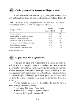 307
496	 Qual a quantidade de água consumida por bovinos?
A estimativa do consumo de água pelo gado leiteiro, para
diferentes categorias de animais, pode ser encontrada na Tabela 1.
Tabela 1. Consumo de água pelo gado leiteiro (litros/animal/dia), por categoria,
nas condições do Brasil Central, em criação semi-intensiva.
Categoria animal
Consumo
(L/animal/dia)
Variação
(±)
Vaca em lactação
Vaca e novilha no final de gestação
Vaca seca e novilha gestante
Novilha em idade de inseminação
Fêmea desmamada (até a inseminação)
Bezerro lactente (a pasto)
Bezerro lactente (baia até 60 dias)
62,5
50,9
45,0
48,8
29,8
11,2
1,0
15,6
12,9
12,9
14,4
7,2
3,0
0,4
Fonte:Benedetti (1986).
497	 O que é água dura e água salobra?
A dureza da água está relacionada à presença de íons de
cálcio (Ca++
) e magnésio (Mg++
) e também de outros metais
polivalentes, como ferro, alumínio, manganês, estrôncio e zinco.
Como os dois primeiros normalmente predominam sobre os outros,
que aparecem em quantidades insignificantes nas águas naturais,
a dureza da água é definida, geralmente, pela concentração total
de íons de cálcio e magnésio expressa em carbonato de cálcio
(CaCO3
).
A classificação da água se dá, então, de acordo com a
concentração desses elementos:
•	 Acima de 150 mg/L – Água dura.
•	 Entre 150 e 75 mg/L – Água moderada.
•	 Abaixo de 75 mg/L – Água mole.
 