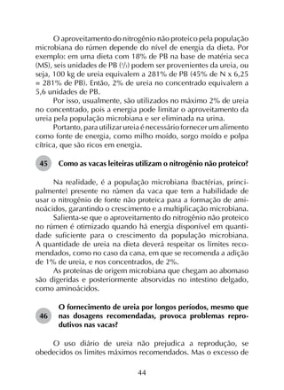 44
O aproveitamento do nitrogênio não proteico pela população
microbiana do rúmen depende do nível de energia da dieta. Por
exemplo: em uma dieta com 18% de PB na base de matéria seca
(MS), seis unidades de PB (1/3) podem ser provenientes da ureia, ou
seja, 100 kg de ureia equivalem a 281% de PB (45% de N x 6,25
= 281% de PB). Então, 2% de ureia no concentrado equivalem a
5,6 unidades de PB.
Por isso, usualmente, são utilizados no máximo 2% de ureia
no concentrado, pois a energia pode limitar o aproveitamento da
ureia pela população microbiana e ser eliminada na urina.
Portanto, para utilizar ureia é necessário fornecer um alimento
como fonte de energia, como milho moído, sorgo moído e polpa
cítrica, que são ricos em energia.
45	 Como as vacas leiteiras utilizam o nitrogênio não proteico?
Na realidade, é a população microbiana (bactérias, princi­
palmente) presente no rúmen da vaca que tem a habilidade de
usar o nitrogênio de fonte não proteica para a formação de ami­
noácidos, garantindo o crescimento e a multiplicação microbiana.
Salienta-se que o aproveitamento do nitrogênio não proteico
no rúmen é otimizado quando há energia disponível em quanti­
dade suficiente para o crescimento da população microbiana.
A quantidade de ureia na dieta deverá respeitar os limites reco­
mendados, como no caso da cana, em que se recomenda a adição
de 1% de ureia, e nos concentrados, de 2%.
As proteínas de origem microbiana que chegam ao abomaso
são digeridas e posteriormente absorvidas no intestino delgado,
como aminoácidos.
46	
O fornecimento de ureia por longos períodos, mesmo que
nas dosagens recomendadas, provoca problemas repro­
dutivos nas vacas?
O uso diário de ureia não prejudica a reprodução, se
obedecidos os limites máximos recomendados. Mas o excesso de
 
