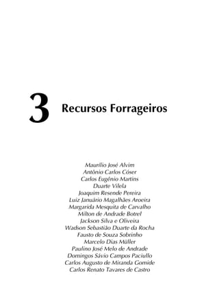 3	
Recursos Forrageiros
Maurílio José Alvim
Antônio Carlos Cóser
Carlos Eugênio Martins
Duarte Vilela
Joaquim Resende Pereira
Luiz Januário Magalhães Aroeira
Margarida Mesquita de Carvalho
Milton de Andrade Botrel
Jackson Silva e Oliveira
Wadson Sebastião Duarte da Rocha
Fausto de Souza Sobrinho
Marcelo Dias Müller
Paulino José Melo de Andrade
Domingos Sávio Campos Paciullo
Carlos Augusto de Miranda Gomide
Carlos Renato Tavares de Castro
 