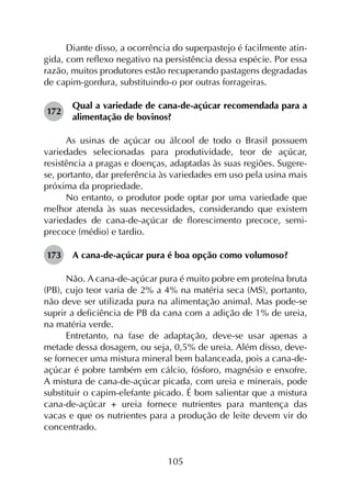 105
Diante disso, a ocorrência do superpastejo é facilmente atin­
gida, com reflexo negativo na persistência dessa espécie. Por essa
razão, muitos produtores estão recuperando pastagens degradadas
de capim-gordura, substituindo-o por outras forrageiras.
172	
Qual a variedade de cana-de-açúcar recomendada para a
alimentação de bovinos?
As usinas de açúcar ou álcool de todo o Brasil possuem
variedades selecionadas para produtividade, teor de açúcar,
resistência a pragas e doenças, adaptadas às suas regiões. Sugere-
se, portanto, dar preferência às variedades em uso pela usina mais
próxima da propriedade.
No entanto, o produtor pode optar por uma variedade que
melhor atenda às suas necessidades, considerando que existem
variedades de cana-de-açúcar de florescimento precoce, semi­
precoce (médio) e tardio.
173	 A cana-de-açúcar pura é boa opção como volumoso?
Não. A cana-de-açúcar pura é muito pobre em proteína bruta
(PB), cujo teor varia de 2% a 4% na matéria seca (MS), portanto,
não deve ser utilizada pura na alimentação animal. Mas pode-se
suprir a deficiência de PB da cana com a adição de 1% de ureia,
na matéria verde.
Entretanto, na fase de adaptação, deve-se usar apenas a
metade dessa dosagem, ou seja, 0,5% de ureia. Além disso, deve-
se fornecer uma mistura mineral bem balanceada, pois a cana-de-
açúcar é pobre também em cálcio, fósforo, magnésio e enxofre.
A mistura de cana-de-açúcar picada, com ureia e minerais, pode
substituir o capim-elefante picado. É bom salientar que a mistura
cana-de-açúcar + ureia fornece nutrientes para mantença das
vacas e que os nutrientes para a produção de leite devem vir do
concentrado.
 