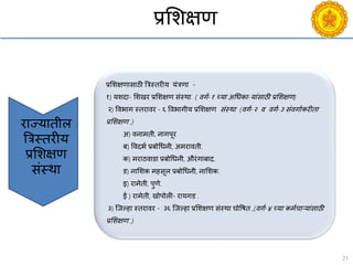 21
प्रसशक्षण
प्रसशक्षणासाठी बत्रस्तरीय यंत्रणा -
१) यशदा- सशखर प्रसशक्षण संस्था ( िगय-१ च्या अचधका-यांसाठी प्रसशक्षण)
२) विभाग स्तरािर - ६ विभागीय प्रसशक्षण संस्था (िगय-२ ि िगय-३ संिगायकरीता
प्रसशक्षण .)
अ) िनामती, नागपूर
ब) विदभय प्रबोचधनी, अमरािती.
क) मराठिाडा प्रबोचधनी, औरंगाबाद.
ड) नासशक महसूल प्रबोचधनी, नासशक.
इ) रामेती, पुणे.
ई ) रामेती, खोपोली- रायगड .
३) श्जल्हा स्तरािर - ३६ श्जल्हा प्रसशक्षण संस्था घोवषत ,(िगय-४ च्या कमयिाऱयांसाठी
प्रसशक्षण .)
राज्यातील
बत्रस्तरीय
प्रसशक्षण
संस्था
 