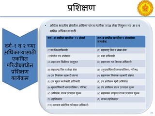 23
प्रसशक्षण
• अणखल भारतीय सेिेतील अचधकाऱयांच्या धतीिर सरळ सेिा ननयुक्त गट-अ ि ब
मधील अचधकाऱयांसाठी .
पररिीक्षाधीन
प्रसशक्षण
काययक्रम
िगय-१ ि २ च्या
अचधकाऱयांसाठी
एकबत्रत
पररिीक्षाधीन
प्रसशक्षण
काययक्रम
गट- अ मधील खालील १० संिगग गट-ब मधील खालील ९ संिगाांिा
समािेश.
(१)उप श्जल्हाचधकारी (१) महाराष्ट्र वित्त ि लेखा सेिा
(२)पोलीस उप अधीक्षक (२) कक्ष अचधकारी
(३) सहाय्यक विक्रीकर आयुक्त (३) सहाय्यक गट विकास अचधकारी
(४) महाराष्ट्र वित्त ि लेखा सेिा (४) ) मुख्याचधकारी नगरपासलका / पररषद
(५) उप ननबंधक सहकारी संस्था (५) सहाय्यक ननबंधक सहकारी संस्था
(६) उप मुख्य काययकारी अचधकारी (६) उप अधीक्षक भूमी असभलेख
(७) मुख्याचधकारी नगरपासलका / पररषद (७) उप अधीक्षक राज्य उत्पादन शुल्क
(८) अधीक्षक, राज्य उत्पादन शुल्क (८) सहाय्यक आयुक्त राज्य उत्पादन शुल्क
(९) तहससलदार (९) नायब तहससलदार
(१०) सहायक प्रादेसशक पररिहन अचधकारी.
 