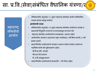 28
सा. प्र.वि.(सेिा)संबंचधत िैधाननक यंत्रणा/संस्था
• संविधानातील अनुच्छेद 315 नुसार महाराष्ट्र लोकसेिा आयोग संविधाननक,
स्िायत्त संस्था म्हणून काययरत
आयोगािी रिना
• संविधानातील अनुच्छेद 316 नुसार महाराष्ट्र लोकसेिा आयोगािा अध्यक्ष ि
सदस्यांिी ननयुक्ती राज्याच्या राज्यपालांकडून करण्यात येते.
• महाराष्ट्र लोकसेिा आयोगामध्ये अध्यक्षासह ६ सदस्य आहेत.
• आयोगातील अध्यक्ष ि सदस्यांिा एकू ण काययकाळ 6 िषे ककं िा ियािी 62 िषे
इतका असतो.
• सद्य:श्स्थतीत आयोगामध्ये अध्यक्ष ि सदस्य पदांिर काययरत असणाऱया
पदाचधकाऱयांिी नांिे पुढीलप्रमाणे आहेत :
श्री.वि.ना.मोरे, अध्यक्ष
श्री.ह.बा.पटेल,सदस्य
डॉ. अ.दद.अडसूळ,सदस्य
• सद्य:श्स्थतीत आयोगामध्ये सदस्यांिी 3 पदे ररक्त आहेत.
महाराष्ट्र
लोकसेिा
आयोग
Broadcasting
 