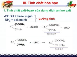 -COOH + bazơ mạnh
-NH2 + axit mạnh Lưỡng tính
III. Tính chất hóa học
1. Tính chất axit-bazơ của dung dịch amino axit
 