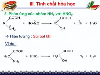  Hiện tượng : Sủi bọt khí
III. Tính chất hóa học
3. Phản ứng của nhóm NH2 với HNO2
Ví dụ :
 