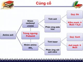 Củng cố
Amino axit
Nhóm
cacboxyl
-COOH
Tính axit
Quỳ: Đỏ
Kiềm mạnh 
Muối + H2O
Phản ứng este
hóa
Nhóm amino
-NH2
Tính bazơ
Quỳ: Xanh
Axit mạnh 
Muối
Phản ứng với
axit nitrơ
Trùng ngưng:
Poliamit
 