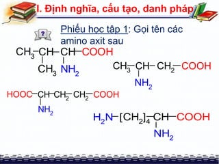 I. Định nghĩa, cấu tạo, danh pháp
Phiếu học tập 1: Gọi tên các
amino axit sau
CH CH COOH
NH2
CH3
CH3
CH CH2
COOHHOOC
NH2
CH2
CH COOHCH3
NH2
CH2
CH COOH
NH2
[CH2
]4H2
N
 
