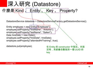 深入研究 ( Datastore) DatastoreService datastore = DatastoreServiceFactory.getDatastoreService(); Entity employee = new Entity("Employee"); employee.setProperty("firstName", "Antonio"); employee.setProperty("lastName", "Salieri"); Date hireDate = new Date(); employee.setProperty("hireDate", hireDate); employee.setProperty("attendedHrTraining", true); datastore.put(employee);  什麼是 Kind 、 Entity 、 Key 、 Property? 在 Entity 的 constructor 中指定。未指定時，系統會自動指派一個 UUID 的 key 