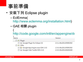 事前準備 安裝下列 Eclipse plugin EclEmma( http://www.eclemma.org/installation.html ) GAE 相關 plugin ( http://code.google.com/intl/en/appengine/docs/java/gettingstarted/installing.html ) 