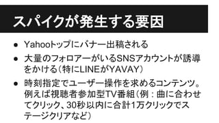 スパイクが発生する要因
● Yahooトップにバナー出稿される
● 大量のフォロアーがいるSNSアカウントが誘導
をかける（特にLINEがYAVAY）
● 時刻指定でユーザー操作を求めるコンテンツ。
例えば視聴者参加型TV番組（例 : 曲に合わせ
てクリック、30秒以内に合計1万クリックでス
テージクリアなど）
 