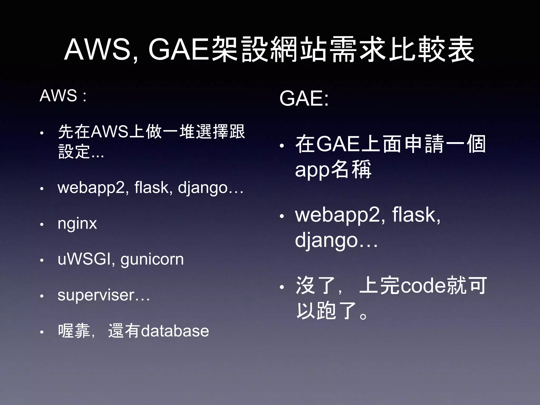 AWS, GAE架設網站需求比較表
AWS :
• 先在AWS上做一堆選擇跟
設定...
• webapp2, flask, django…
• nginx
• uWSGI, gunicorn
• superviser…
• 喔靠，還有database
GAE:
• 在GAE上面申請一個
app名稱
• webapp2, flask,
django…
• 沒了，上完code就可
以跑了。
 